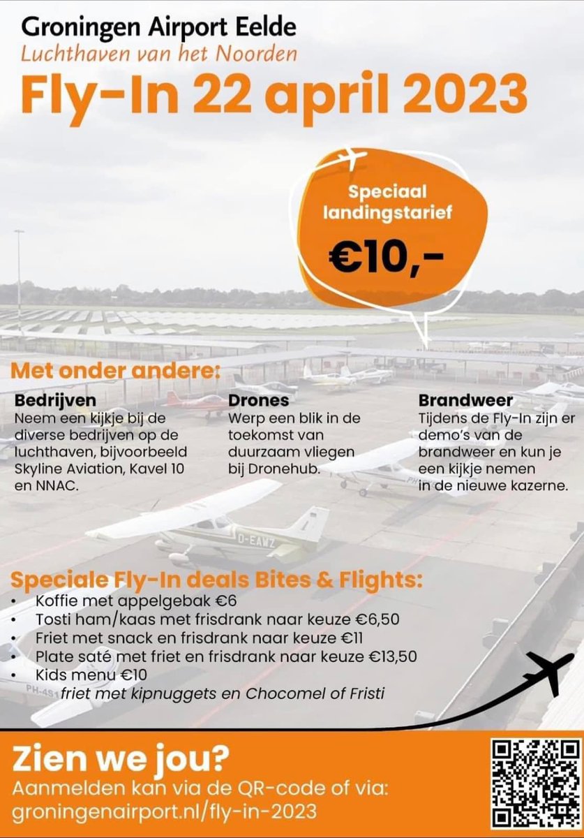 FLY-IN: zaterdag 22 april 2023 ✈️ 
We nodigen iedereen met een luchtvaartuig uit op onze luchthaven tijdens de FLY-IN. Speciaal landingstarief €10,-. Meer informatie en aanmelden via 👉 bit.ly/3kvlQ1d

Wil je graag komen spotten? Kom dan langs in het restaurant!