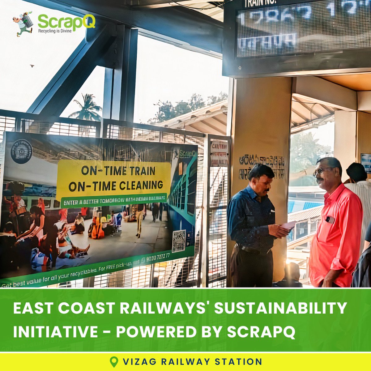 ScrapQ_recycle's tweet photo. Whistling on the track to sustainability!
#ScrapQ is at the forefront of waste management at Vizag Railway Station, collecting plastic bottles and other recyclables from the station premises.
#Recycling #RecycleIndia #Vizag #Vishakhapatnam #IndianRailways #VizagRailwayStation https://t.co/jDjhca1ijl