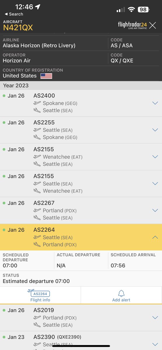 BDFphotography's tweet photo. @AlaskaFleet Here is 421’s final two days. Operating the last revenue flight before repo’ing to Portland Thursday night after it lands from GEG in SEA. https://t.co/nFTaE6U3hw