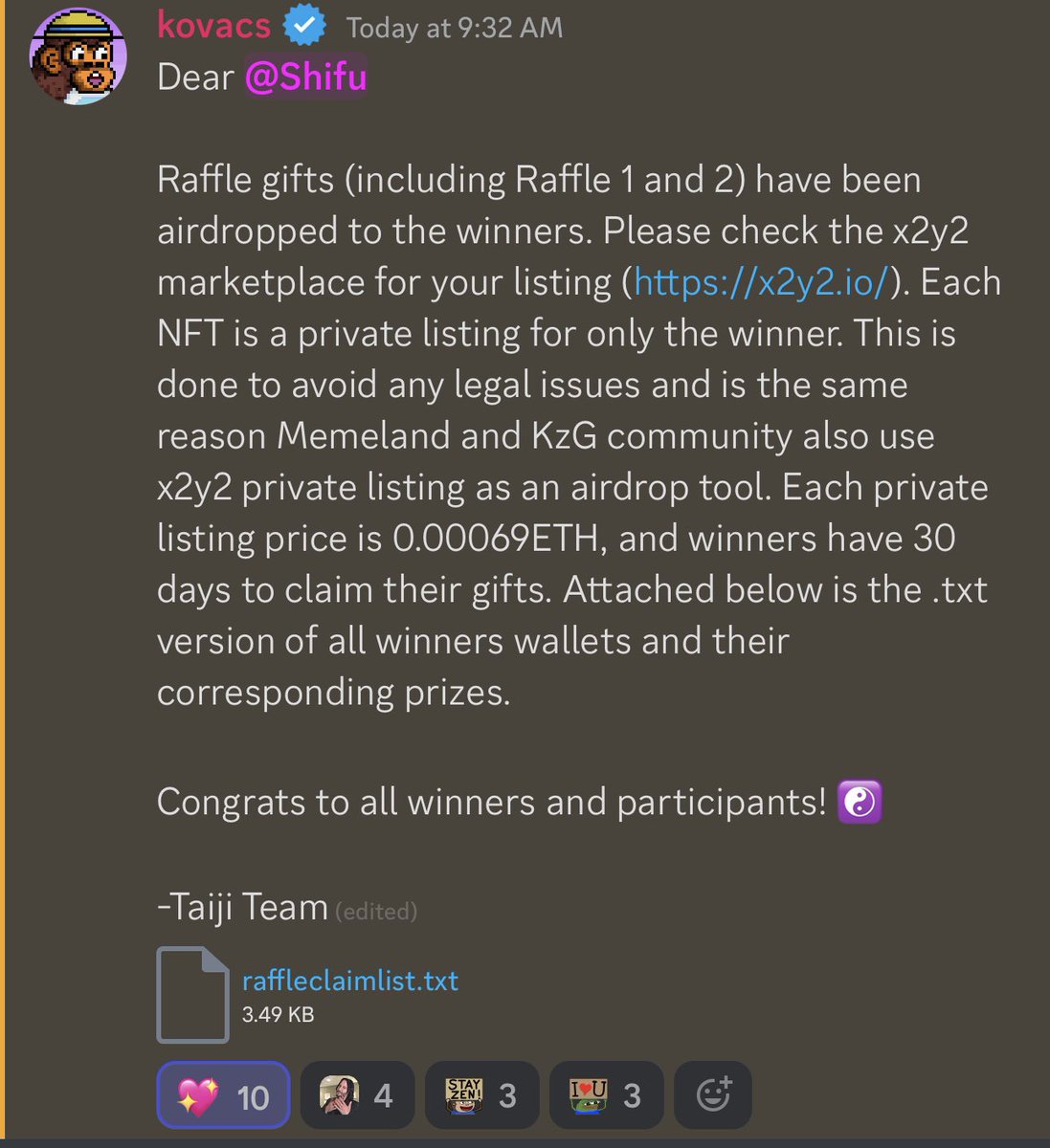 All Winners of <a href="/TaijiLabs/">Taiji Labs</a> Raffles Can Finally Claim Their Free Nft Now.

All Gifts Are Listed On Private Listings On #X2Y2 🔥

Raffled Nft Are:-

5x Taiji Keys
1x Keungz Genesis
5x Captainz
10x Cyber Kongz Babies
29x Kubz
20x Cyber Kongz VX
4x Ghost Gang
23x Oldeus
2x Squshiverse