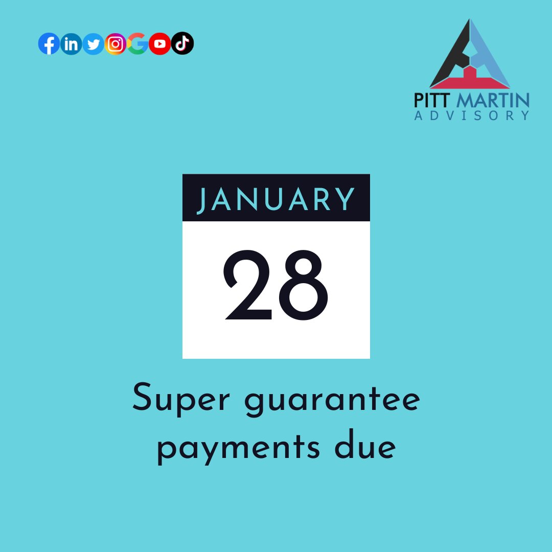 MaxGrowthHQ's tweet photo. Reminder! Your next superannuation guarantee payments are due to your employees' super funds by 28 January! @PMartinAdvisory #pittmartinadvisory #superannuation #employee #January #accountant #bookkeeper #togetherwemakeadifference #yourpartnerinbusiness #maxgrowth https://t.co/fp5iRYuF5n