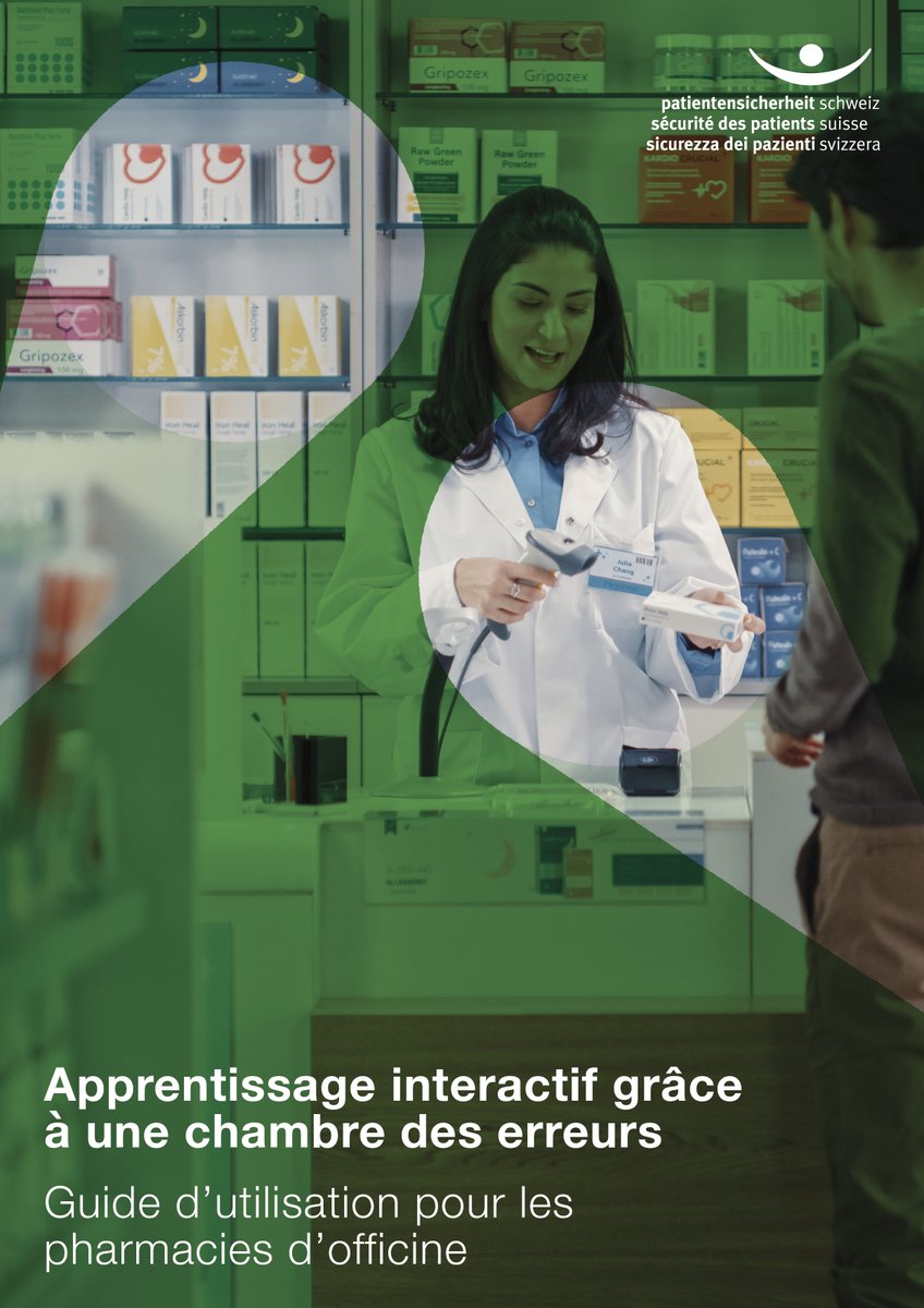 kiriscapuns's tweet photo. Nouveau aussi pour les pharmacies d'officine : le guide Chambre des erreurs de Sécurité des patients Suisse. Il décrit comment sensibiliser votre équipe à la sécurité des patient·e·s. https://t.co/rRqFXFHwUl https://t.co/f5ouoneb3l