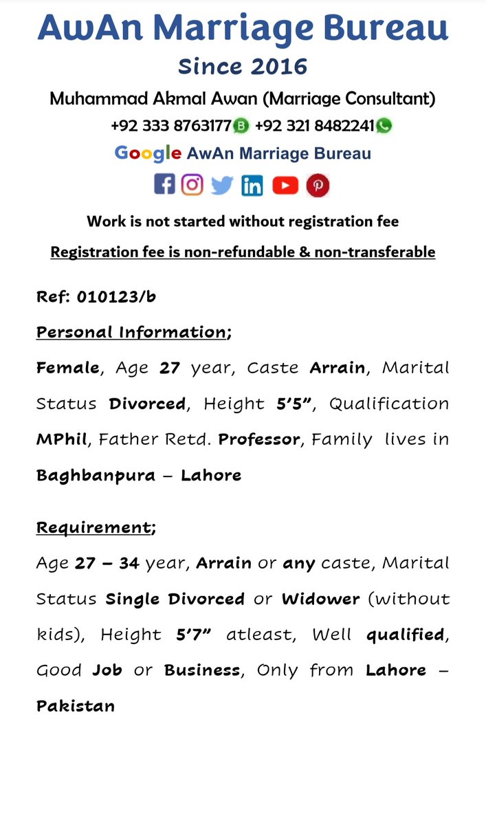 AwAnMarriage's tweet image. #Female #27Year #Arrain
#Divorced #5feet5inch
#MPhil
#Lahore #Pakistan 
#AMB #Registered