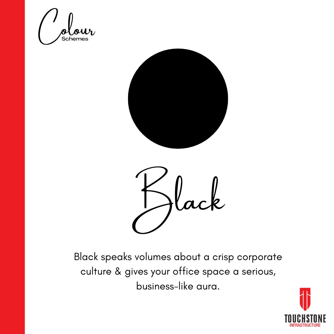 touchstoneinfra's tweet image. ⭐Colour Schemes⭐

&quot;Black&quot; - Black speaks volumes about a crisp corporate culture &amp;amp; gives your office space a serious, business-like aura.

#colourscheme #colourschemes #colorschemes #officecolor  #officedesigns #officedesigner #officedesigntrends #touchstoneinfrastructure