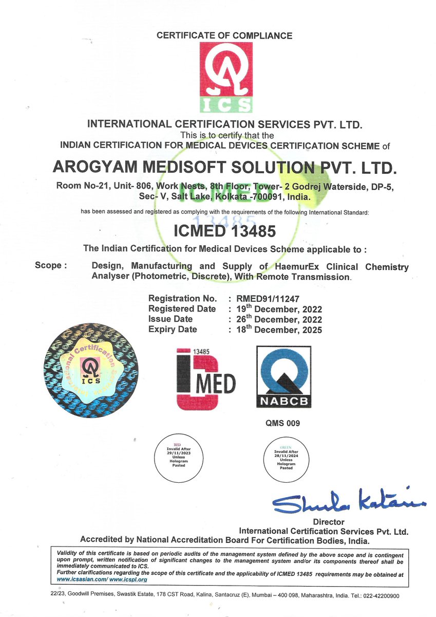 We are pleased to share that Arogyam Medisoft Solution Pvt. Ltd is now an ICMED 13485 Certified Company. @RajivMondal1970

#medicaldevices #iotsolutions #pointofcare #analyzer