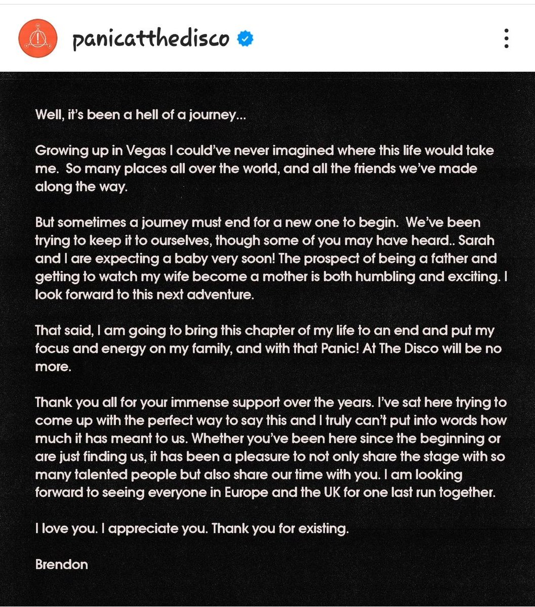 Aleeeex94's tweet photo. Super exciting baby news. Extremely sad band ending news @PanicAtTheDisco https://t.co/7vta70O0gr