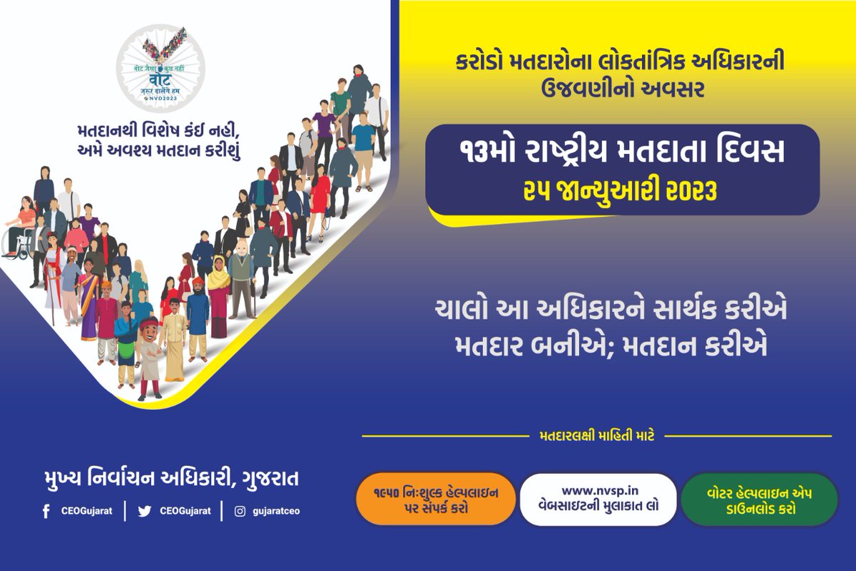 ૧૩મો રાષ્ટ્રીય મતદાતા દિવસ 
ર૫ જાન્યુઆરી ર૦૨૩ 

#CEOGujarat 
#ElectionCommissionOfIndia