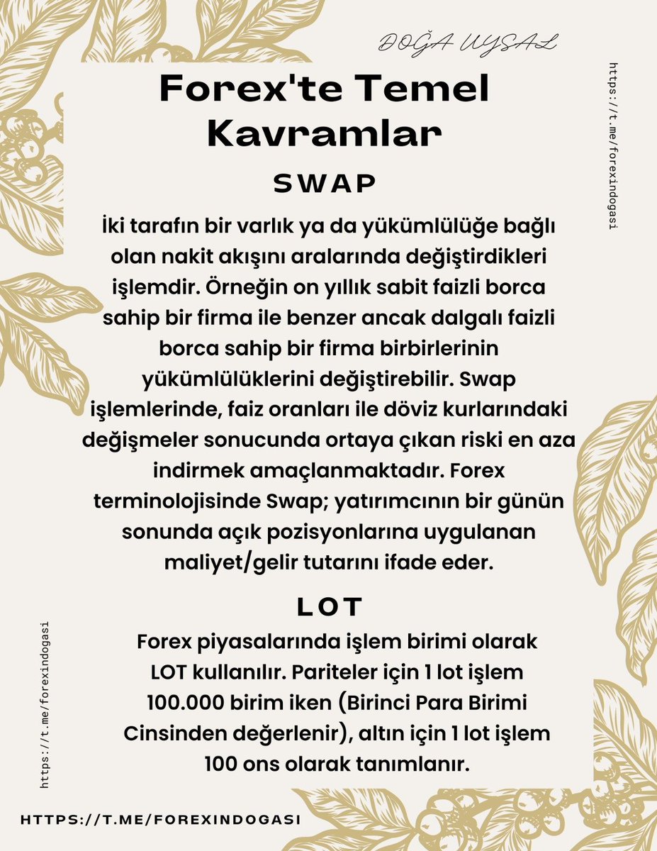 Forex'te temel kavramlar serisine başlıyorum, bilmediğiniz kelimeleri ve kavramları yazabilirsiniz açıklamasını yapalım.

Kurumumuzda swapsiz hesaplarimiz mevcuttur.