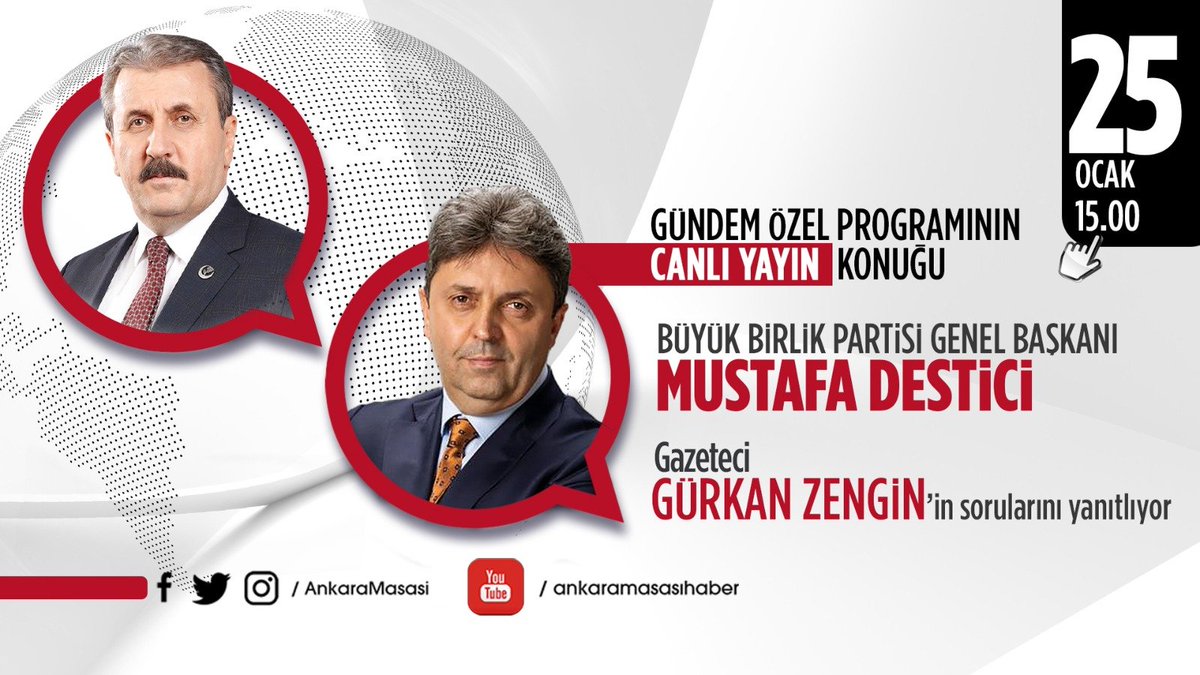 bbphabermerkezi's tweet photo. Genel Başkanımız Sayın @Mustafa_Destici bugün saat 15.00 da @AnkaraMasasi nda 'Gündem Özel' programında @Zengingurkan sorularını cevaplıyor. https://t.co/fXJpY2Mvj0