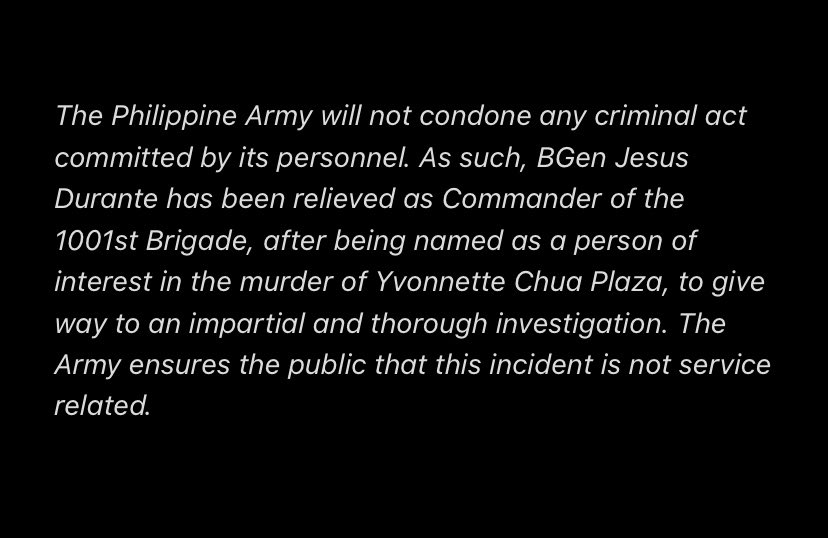 READ: Army Chief Lt. Gen. Romeo Brawner Jr.’s statement on the involvement of BGen Jesus Durante, 1001st Brigade Commander, in the killing of Davao model and businesswoman Yvonne Chua Plaza @ABSCBNNews