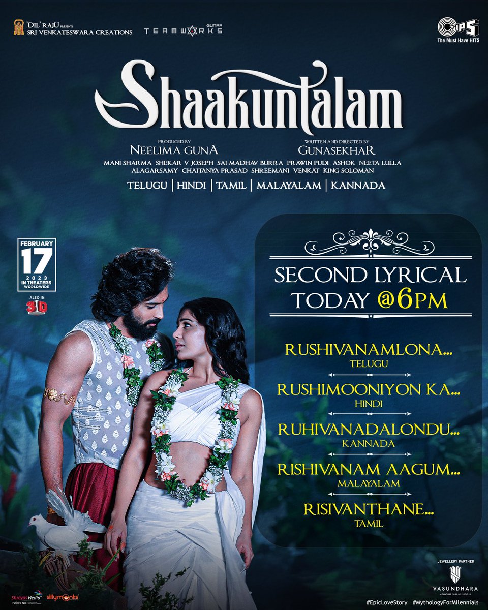 The melodious #Rushivanamlona/#RushimooniyonKa/#Ruhivanadalondu/#RishivanamAagum/#Risivanthane  releasing 𝐓𝐨𝐝𝐚𝐲 𝐚𝐭 𝟔 𝐏𝐌 🤍🎶

#Shaakuntalam @Gunasekhar1 @Samanthaprabhu2 @ActorDevMohan @neelima_guna #ManiSharma @GunaaTeamworks @SVC_official @tipsofficial @tipsmusicsouth