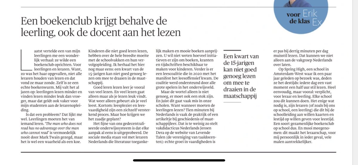 erikexgesch's tweet image. Elke dag beginnen met (tenminste) een half uur vrij en stil lezen. Waar gebeurt dat allemaal in het vo? trouw.nl/onderwijs/een-…