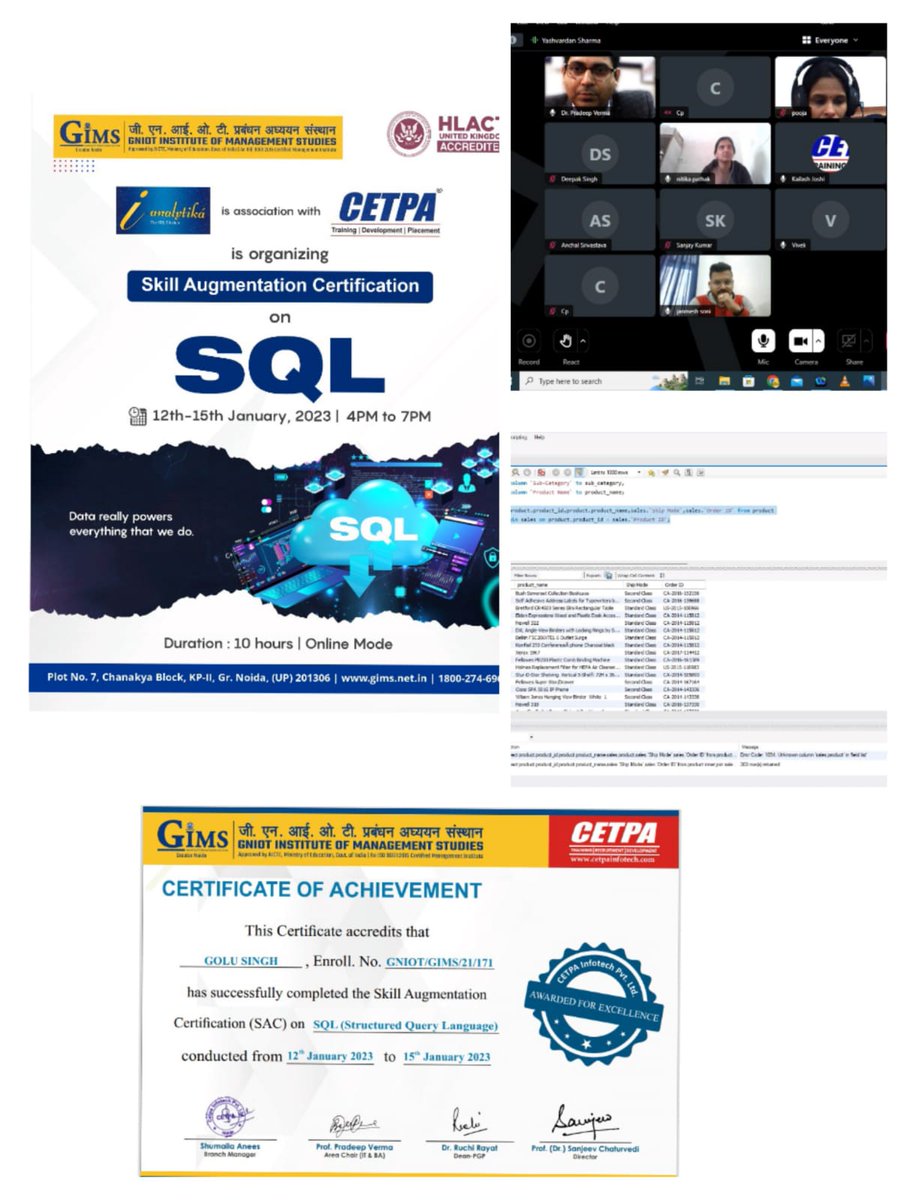 gims_net_in's tweet image. Students were able to understand SQL applications from creation to application level. After this certification programme, students felt confident on handling the data.

#GNIOT#PGDM#GreaterNoida#SQL#GIMS#PGDM#BusinessAnalytics #SkillAugmentationCertification #CertificationCourse
