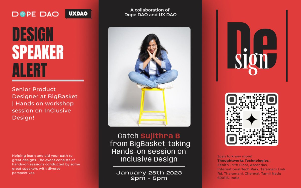 Catch Sujithra B , the Senior Product Designer of <a href="/bigbasket_com/">bigbasket</a> , at the workshop session, on "Inclusive Design" 🙌.

Register Now!!

#dopedao  #Web3 #DAOVERSE #design #community #WAGMI