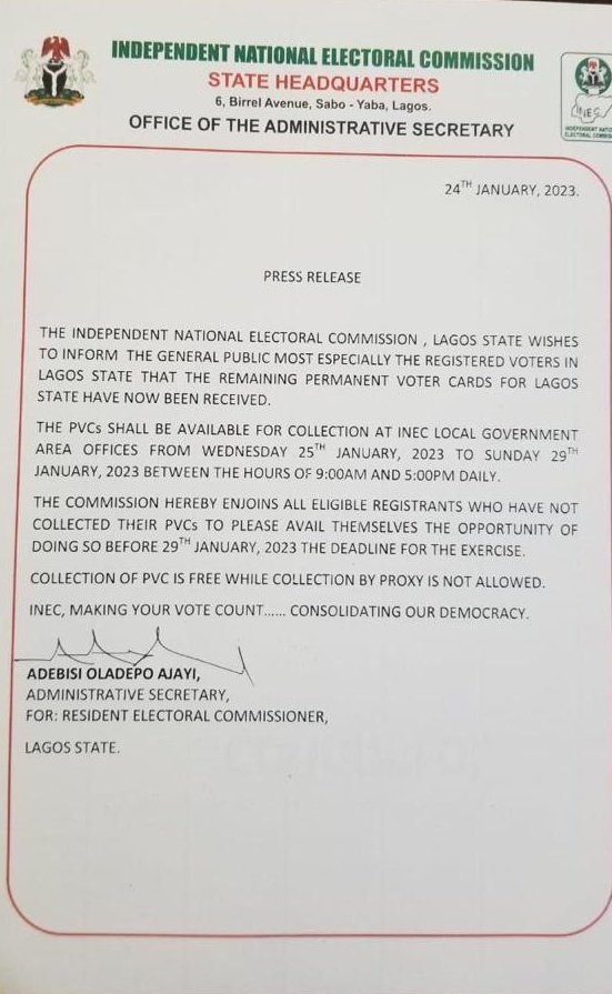 ineclagos's tweet photo. Update on collection of Permanent Voter Cards (PVCs) in Lagos State. 👇
#GetYourPVC 
#2023Elections 
#NoPVCNoVote https://t.co/PMQscssLOZ