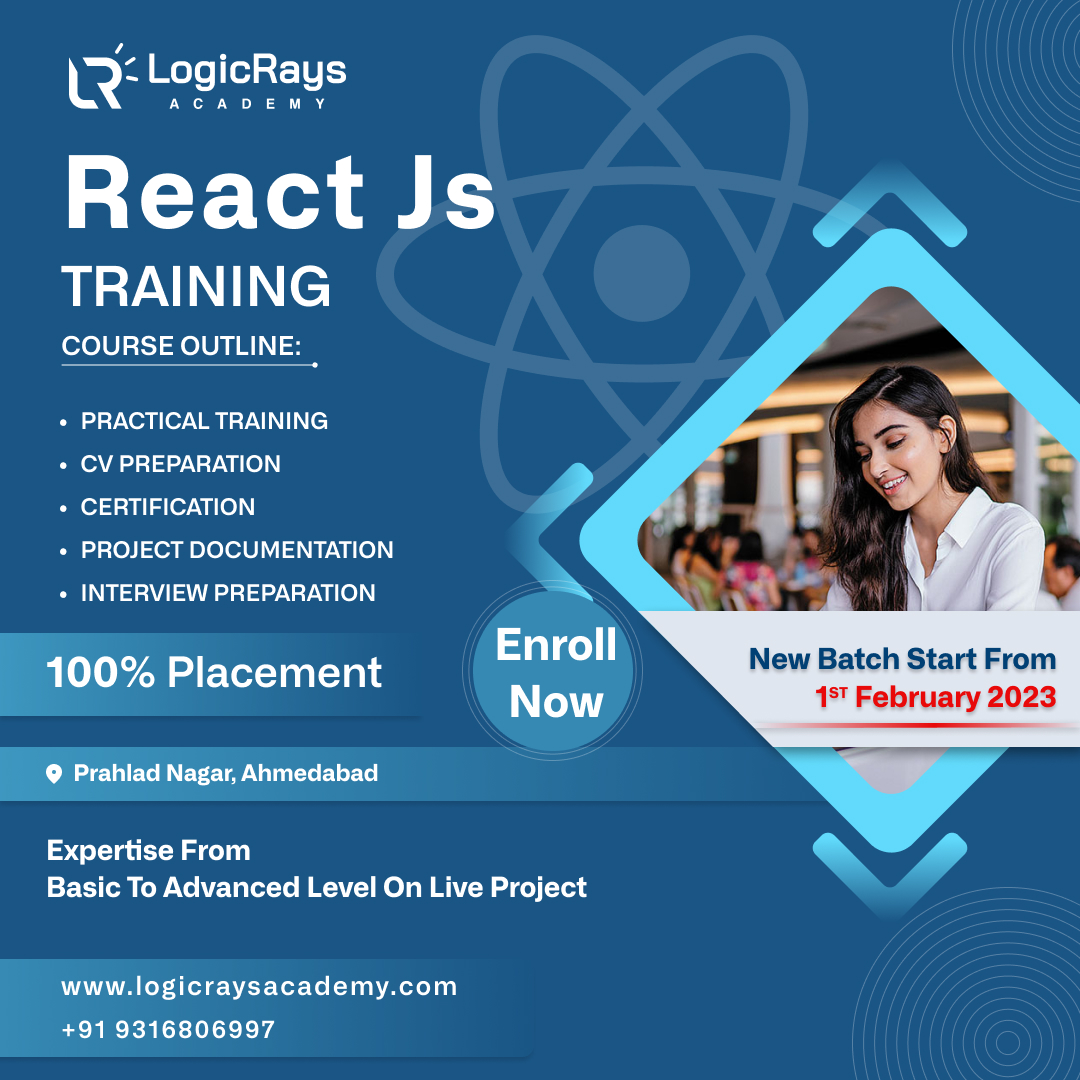 Logicraysacad's tweet image. A new batch of ReactJS is starting from 1st February 2023. Enroll Yourself Now.
For any query, Contact us on +91 93168 06997 else visit us at logicraysacademy.com
#Reactjs #Reactjscourse #reactjsahmedabad #Reactjsdeveloper #reactjsacademy #Logicrays #success #fresher #Academy
