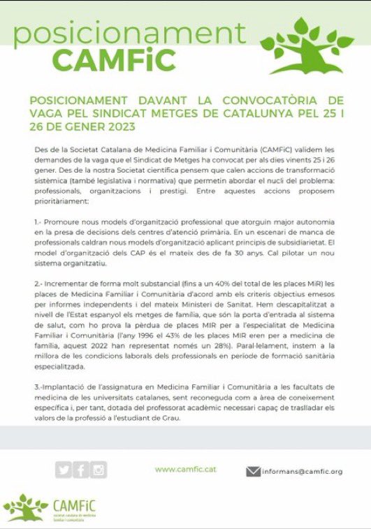 MireiaSansC's tweet photo. @metgescatalunya convoca vaga facultativa que comença el 25 i 26 de gener

Quins són els motius? Info 👉🏽 https://t.co/F7RdglwTK6 
Posicionament @camfic 👇🏻

Mf #CAPComteBorrell de serveis minims @CAPSBEsq @hospitalclinic @icscat #sanitatpublica #VagaMC2023 https://t.co/7fR7vCrRkz