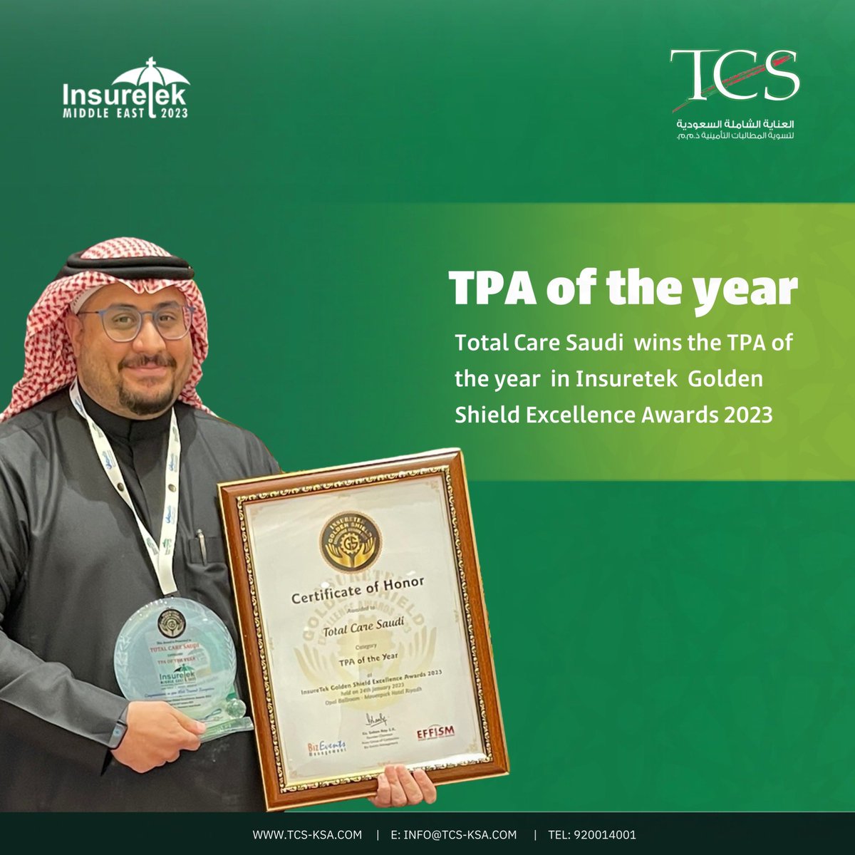 tcsksa's tweet photo. بتميُّزٍ منفرد وجهود ملحوظة،حصلت شركة العناية الشاملة في مؤتمر #InsureTek على جائزة  TPA of the year. https://t.co/MUOG2hQDH6