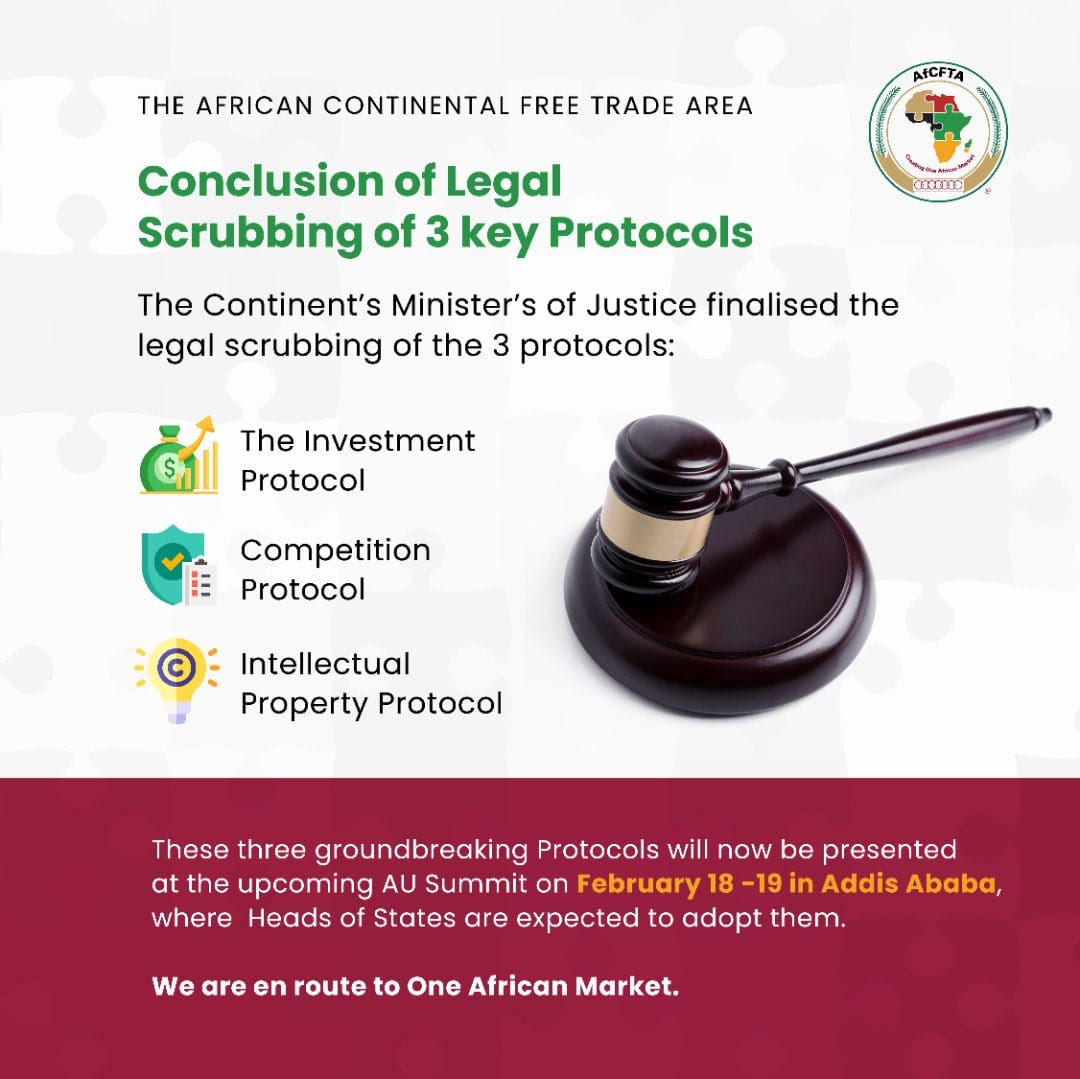 This is to present the conclusion of legal scrubbing of 3 key #AfCFTA protocols