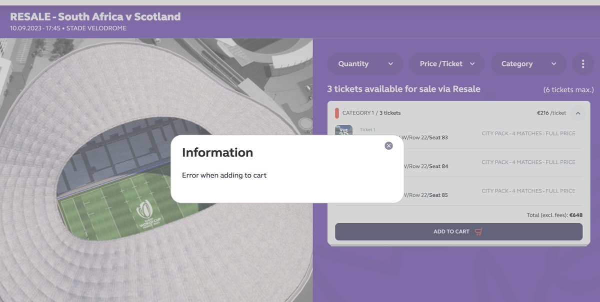 electronaut_13's tweet photo. @rugbyworldcup Hopeless...  For the past 8 hours I have been getting this error FOR EVERY SINGLE AVAILABLE TICKET on the re-sale site! Very useful error message. 👍🙄 https://t.co/eS3bv6AT8b