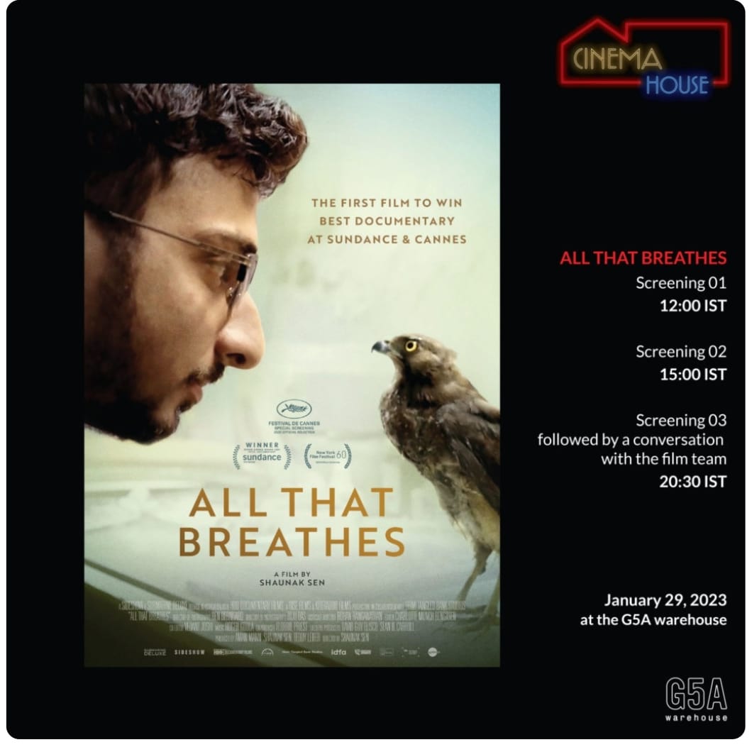Bombay. 29th Jan. 3 shows of #AllThatBreathes by @shaunak_sen . It might be easier to convince yourself to go to @g5afoundation to watch a 'oscar nom' film. But, the film is bigger than any institution, any award. It's contractions and expansions will help you breathe better.