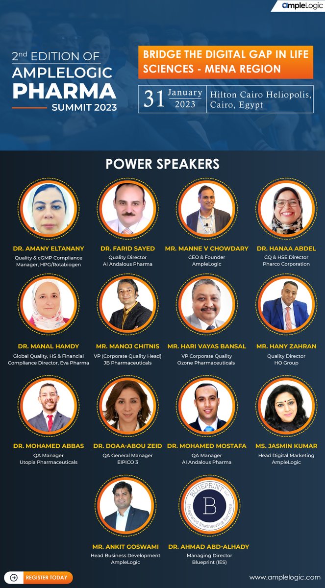 Ample_Logic's tweet photo. #ALPharmaSummit | Learn from the best at 2nd Edition of '@AmpleLogic Pharma Summit' Join us for an action-packed full-day event, with #industryleaders from #MENARegion & India
Register: https://t.co/MvN9KiLFD8
#PharmaSummit #Digitalization #DigitalTransformation #GMP #Egypt https://t.co/1skwcQNuma