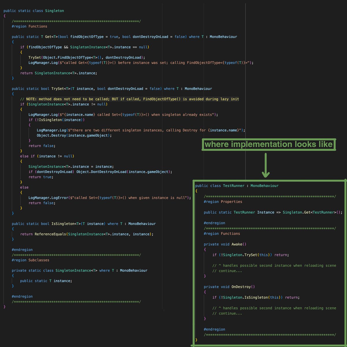 Kokowolo's tweet photo. I touched up my Unity Generic MonoBehaviour Singleton class to avoid repeating the same singleton instance code; I think it's a bit better than before, so hopefully you guys find it helpful! 🤞

#gamedev #indiegame #indiedeveloper #indiedev #CSharp #coding #madewithunity #unity3d https://t.co/8vIvu0ks9T