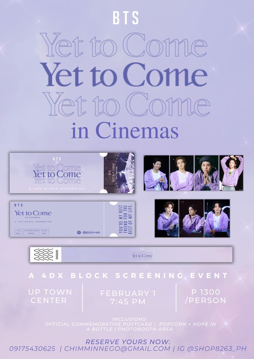 wabthestocks's tweet photo. YET TO COME in Cinemas: 4DX

Feb 1, 7:45pm
Ayala UP Town Center
₱1,300

Inclusion:
Ticket
Wristband
Random Photocard (PVC)
Popcorn + Hope in a Bottle
Official Commemorative Postcard

DM US or @shop8263_ph @projectmandoo 🤍 https://t.co/pjFkfPuVfi