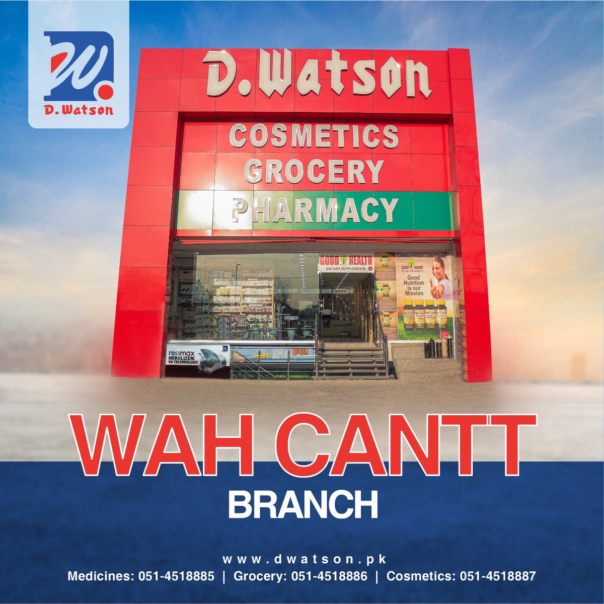 d_pharmacies's tweet photo. Have you visited our Wah Cantt Branch yet?
📦 Order online @ https://t.co/g7UzXluepB
Pharmacy: 051-4518885
Grocery: 051-4518886
Cosmetics: 051-4518887
#Dwatson #Pharma #Healthcare #Pharmacuitical #Medicine #Pharamcist #Islamabad #Rawalpindi #WahCantt #Pharmacy #CareGiver https://t.co/6B8OjgGVcY