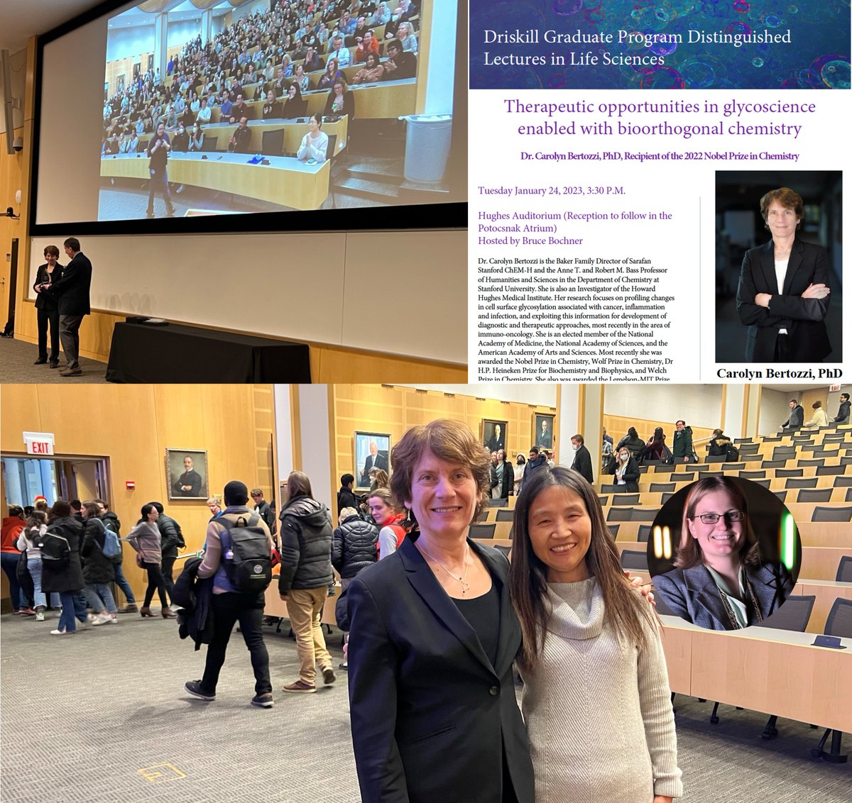 Thrilled to meet Nobel Laureate @CarolynBertozzi #2022ChemNobel and learn more #Sialic acids at her phenomenal talk on #cancerimmunity and #bioorthogonal chemistry at DGP LLS @NUFeinbergMed @LurieCancer. What a small world to connect via both previous work with @jenn_prescher