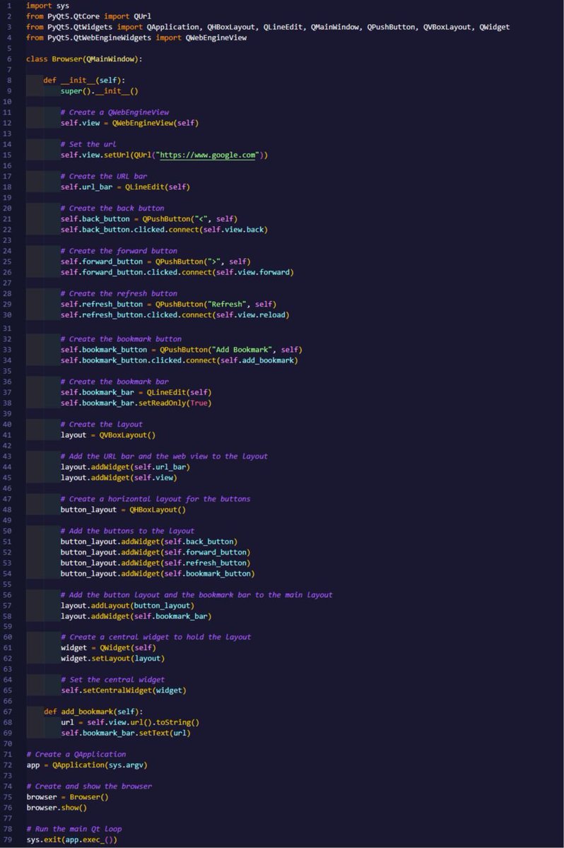 BilirKazim's tweet image. Make your own Web Browser with PyQt5 using Python. I have added some basic features such as bookmarks, history, and refreshing in it. However, you can add more functions as you wish.
#python #PyQt5 #webbrowser