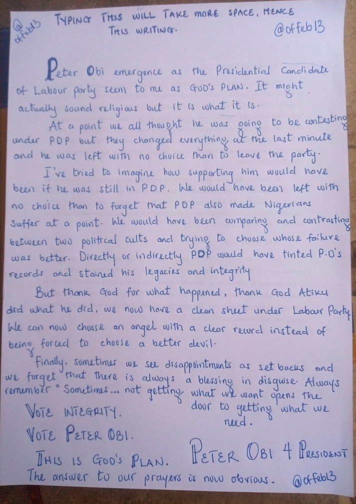 Peter Obi an Angel 😇
Peter Obi; God's plan.

Typing this will take time so I had to write it, please read...Don't mind my handwriting.

#SaiObi #LekkiDeepSeaPort #BreakingNews Simon Ekpa African Giant Lift Me Up King of Boys Morgan Freeman Pandora #ObidientMovement