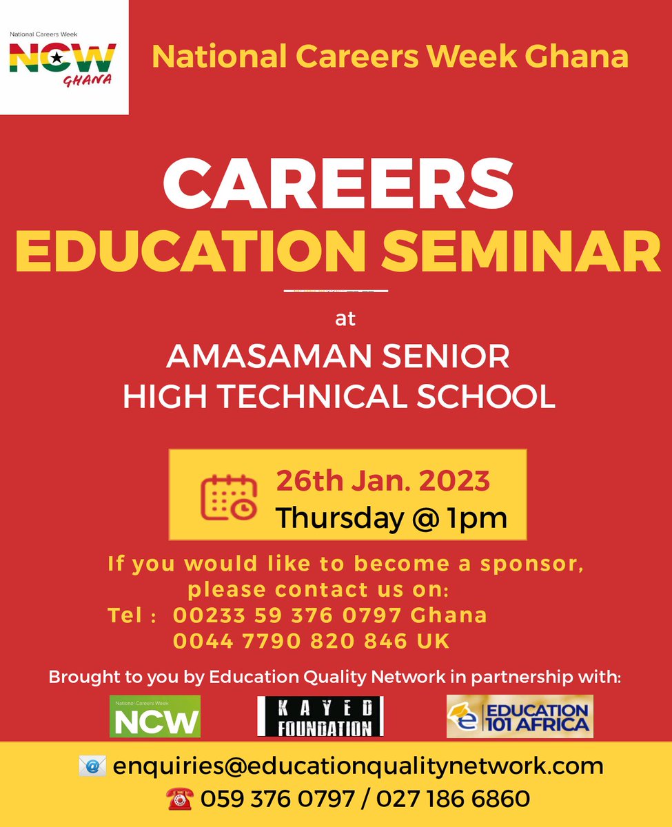 Many thanks to our partners in Ghana - NCW Ghana makes its first stop in 2023 at Amasaman Senior High  Technical School tomorrow at 1pm. Watch this space for more exciting updates.
@EduQNetwork @CareersWeek @NCWUganda @jojoodjidja 
#careerseducationghana 
#careerseducation