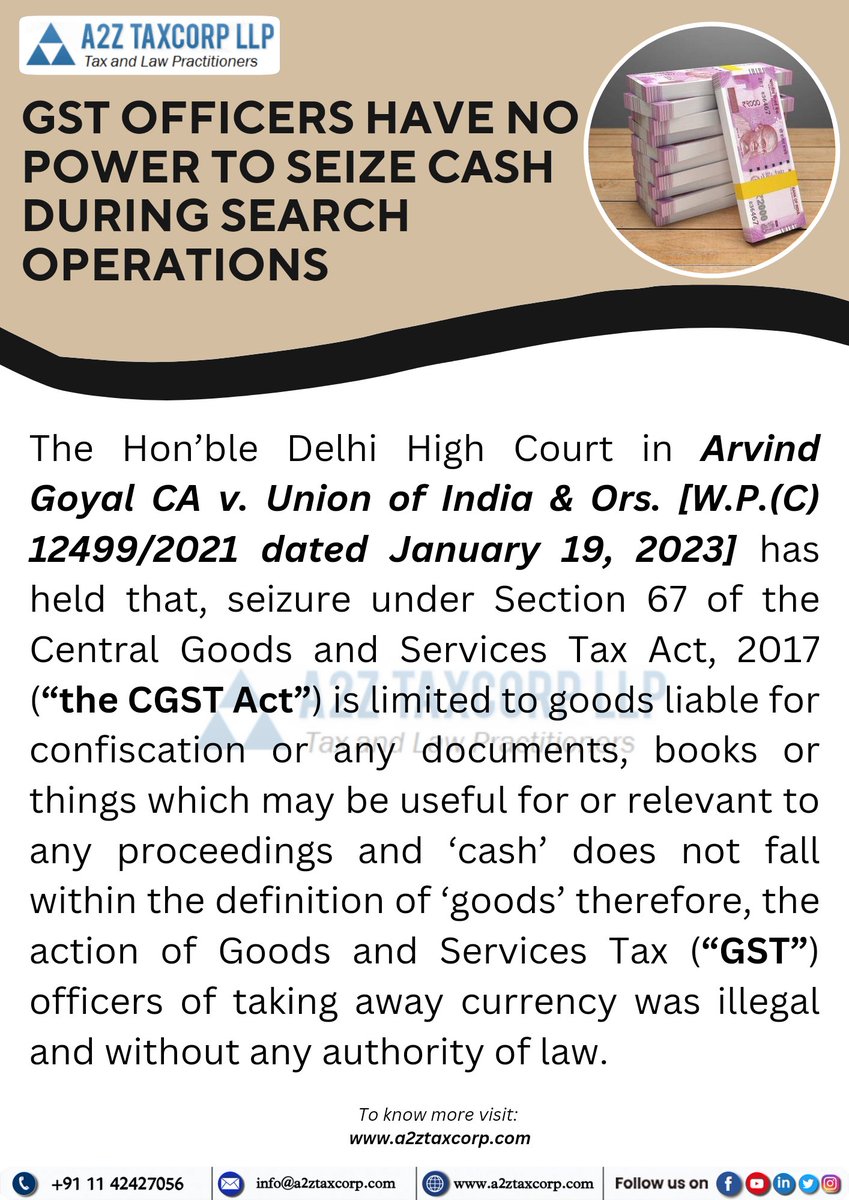 BimalGST's tweet photo. GST officers have no power to seize cash during search operations

#GST #gstupdates #cash #seizecash #gstwithbimaljain #a2ztaxcorpllp https://t.co/tpCMV3EiVQ