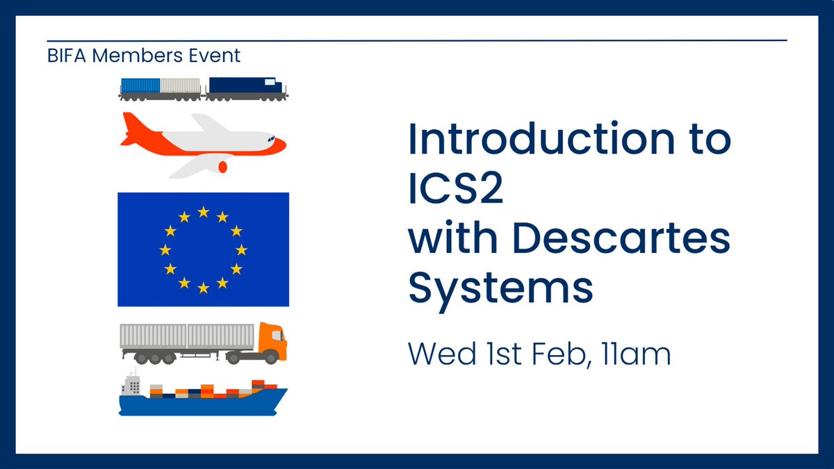 British International Freight Association (@bifa) on Twitter photo BIFA Member Event: Introduction to ICS2 - 1st Feb 11am
ICS2 is a new and updated customs electronic import system. BIFA, in association with <a href="/DescartesSG_UK/">Descartes Systems UK</a> will be hosting a Webinar to provide key insights into the upcoming changes.
Sign Up Here: bifa-org.zoom.us/meeting/regist… BIFA Member Event: Introduction to ICS2 - 1st Feb 11am
ICS2 is a new and updated customs electronic import system. BIFA, in association with <a href="/DescartesSG_UK/">Descartes Systems UK</a> will be hosting a Webinar to provide key insights into the upcoming changes.
Sign Up Here: bifa-org.zoom.us/meeting/regist…
