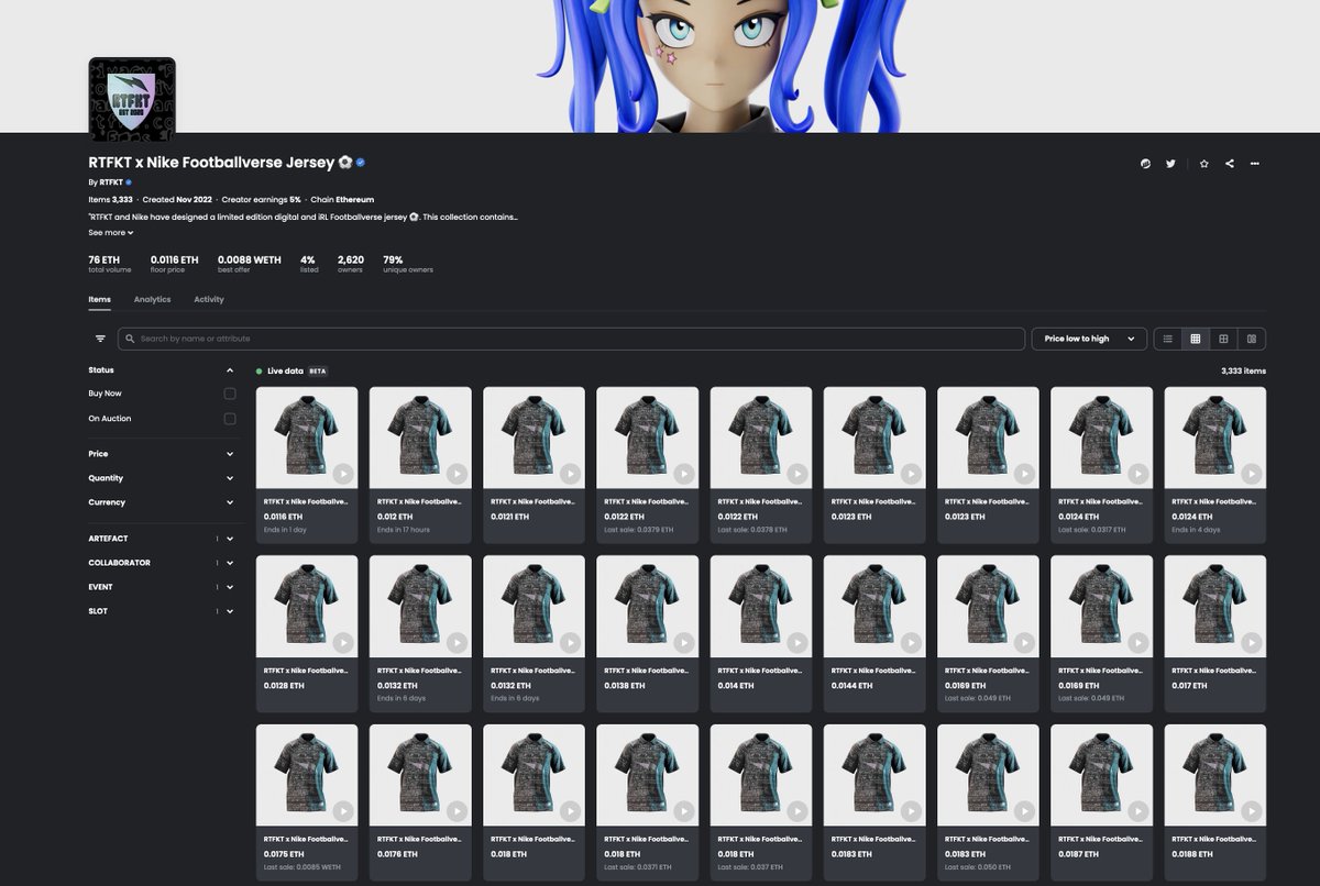 RTFKT and Nike have designed a limited edition digital and iRL Footballverse jersey and the supply is limited to 3,333 idk how this is not higher floor its NIKE and this will moon cuz the supply is so low I’m loading up! <a href="/RTFKT/">RTFKT</a> <a href="/nike/">Nike</a>
opensea.io/collection/rtf…