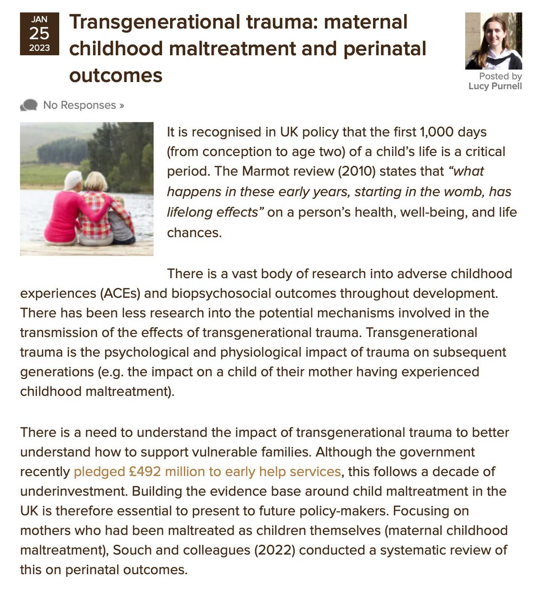 Today <a href="/lucy_r_purnell/">Lucy</a> explores a systematic review, which finds that maternal childhood maltreatment is associated with adverse perinatal mental health experiences, and this association is mediated by disruptions to maternal emotional functioning elfi.sh/3JcjcHW