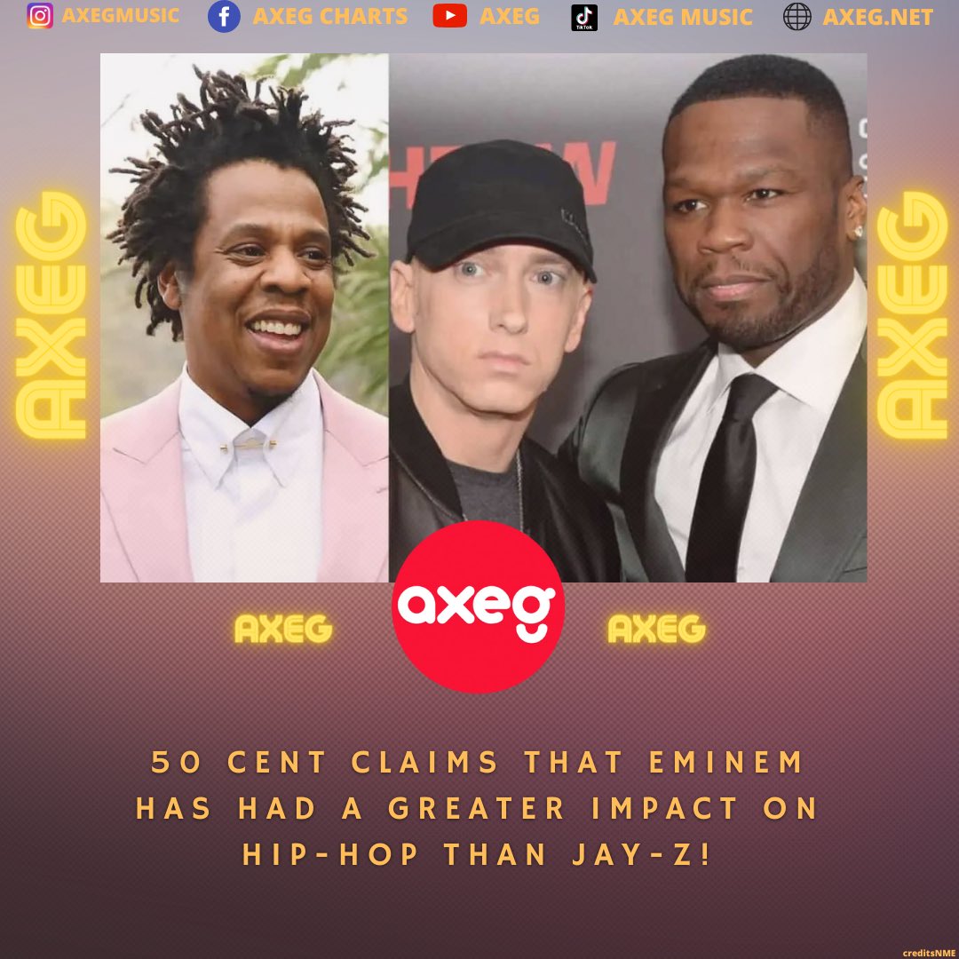 AxegMusic's tweet photo. 50 Cent claims that Eminem has had a greater impact on hip-hop than JAY-Z!!😯🔥 #50cent #eminem #JayZ #Eminem𓃵 #axegmusic #axeg #Rap #Rappers https://t.co/ClV8rlOdGC