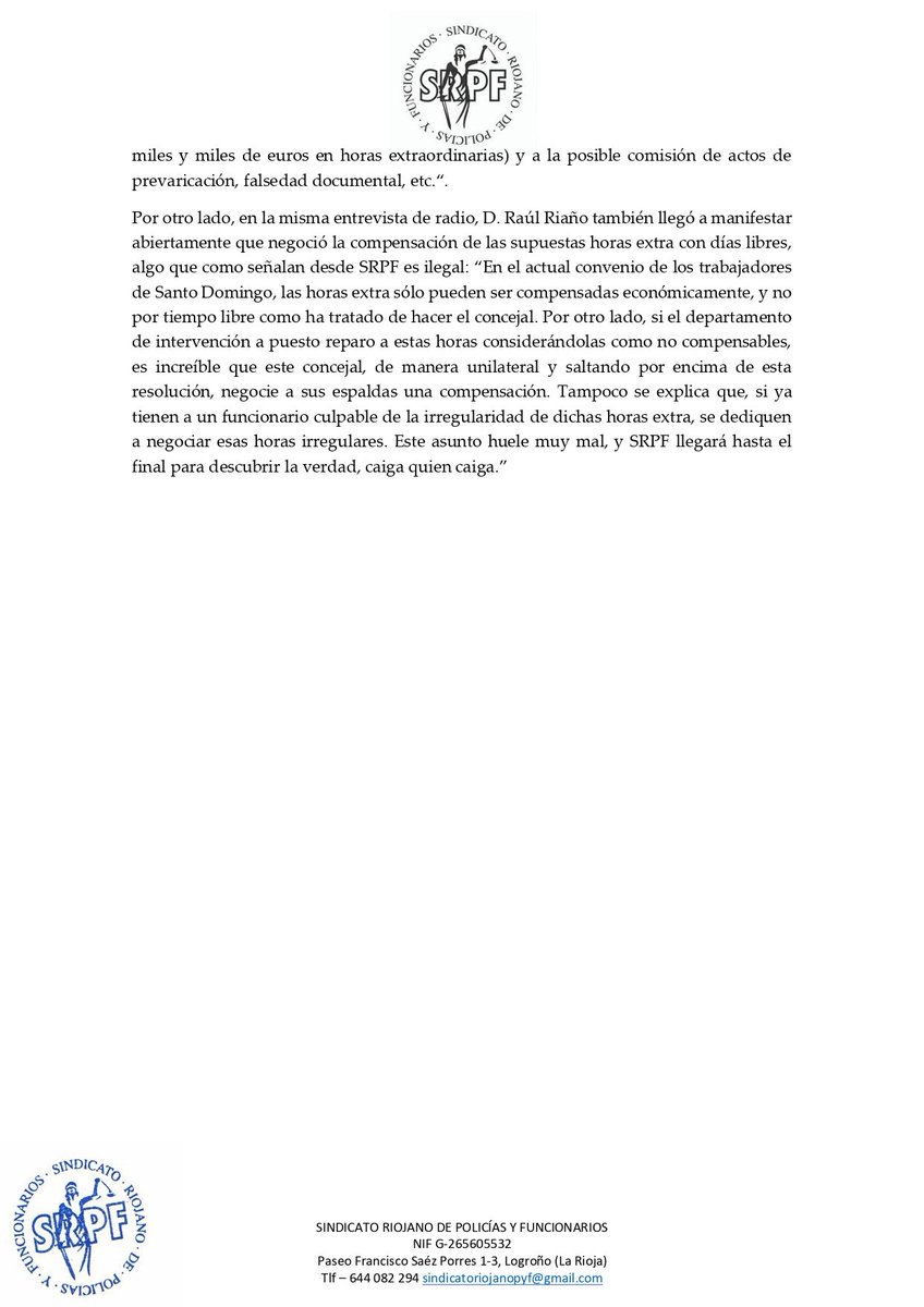 SRPFlarioja's tweet photo. Compartimos integra Nota de Prensa enviada a los medios en relación a las últimas declaraciones del concejal de personal del @AytoSDC @RuloOs22 y exigimos una investigación sobre la mala praxis que el mismo denuncia... En marzo de 2022 nosotros ya lo denunciamos. https://t.co/EU2cYhAmcI