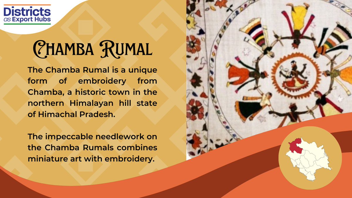 DEH_DGFT's tweet photo. The motifs on these handkerchiefs have traditionally been drawn from indigenous tales, including the Ramayana and Mahabharata.
Chamba Rumal was included in UNESCO's list of 50 exclusive and iconic heritage textile crafts India.
#DistrictsAsExportHubs #Export #TaleofTextiles https://t.co/hTuXquU9zQ