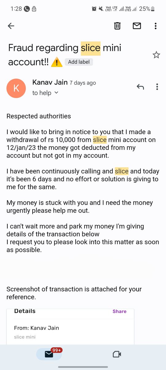 Kanav20200's tweet photo. Respected authorities,
I would like u bring to your notice that I made a withdrawal on 12/jan/23 of rs 10,000 and the amount is still not credited in my account.
 @sliceit_ 
#Garagepreneurs Internet Private Limited #quadrillionfinance https://t.co/OzpwfoeAvu