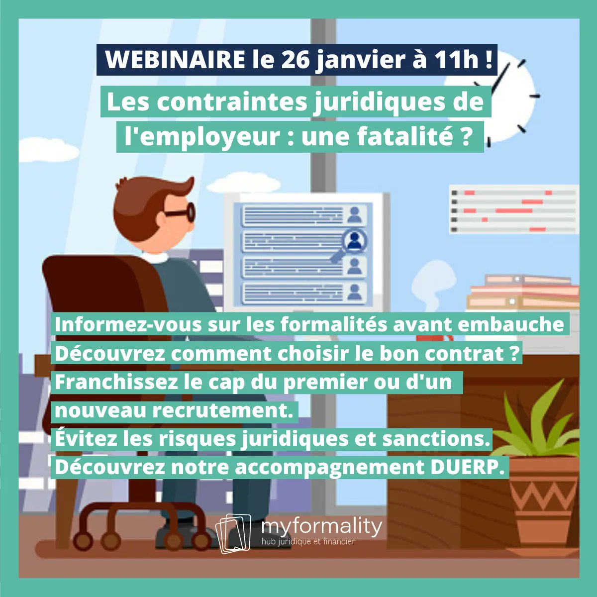 MyFormality's tweet image. Dernière minute ! : Pour vous inscrire au webinaire, cliquez sur ce lien : buff.ly/3WCcZbz
✅ Les formalités avant embauche.
✅ Choisir le bon contrat ?
✅ Franchir le cap du premier recrutement. 
✅ Éviter les risques juridiques et sanctions.
✅ L&apos; accompagnement DUERP.