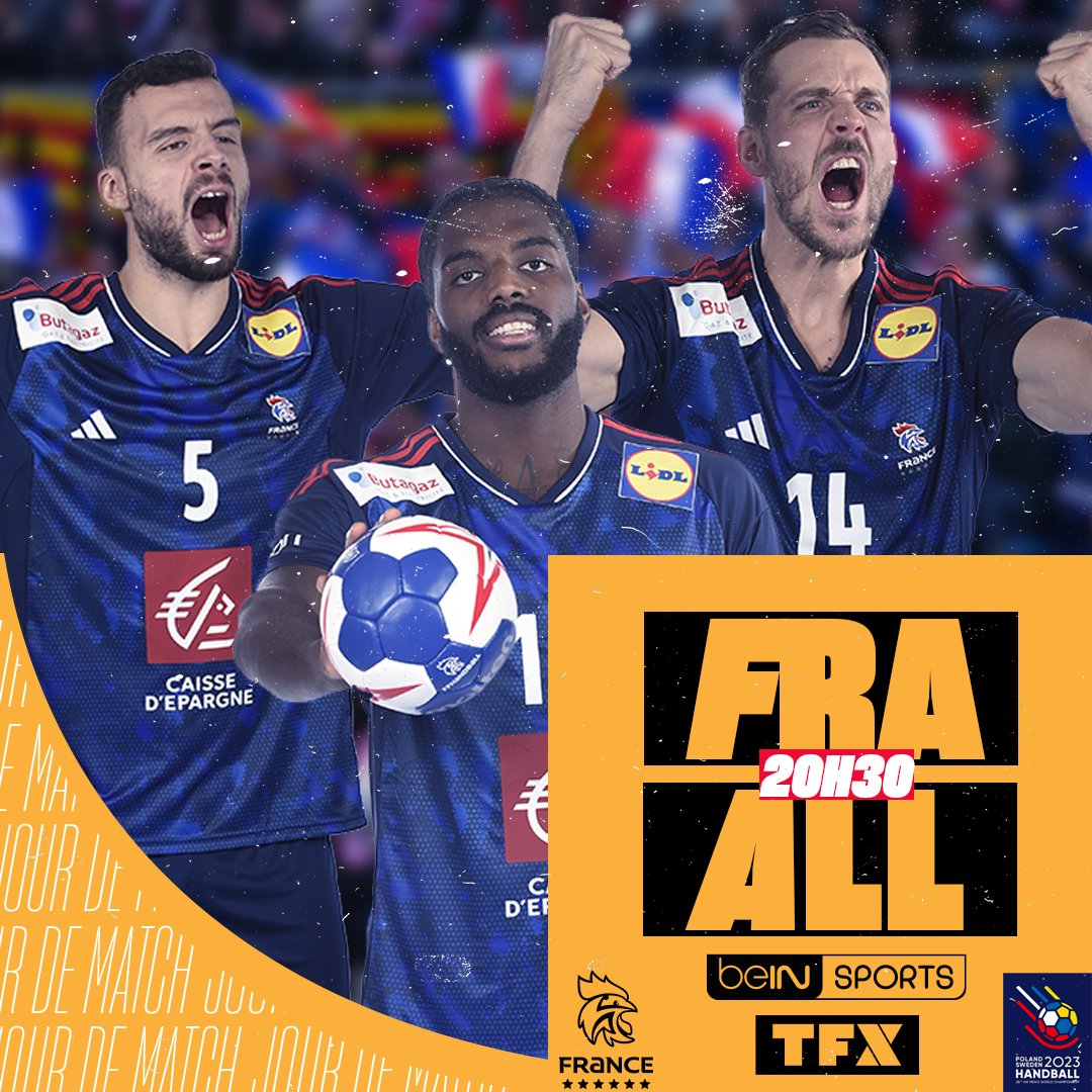 JOUR DE 1/4 DE FINALE 🇫🇷⚡🇩🇪
🤾‍♂️ #FRAALL | MONDIAL IHF 2023
⏰ 20:30
📺 BeIN Sports | TFX
📱 #BleuetFier

ALLEZ LES BLEUS ! 🔥