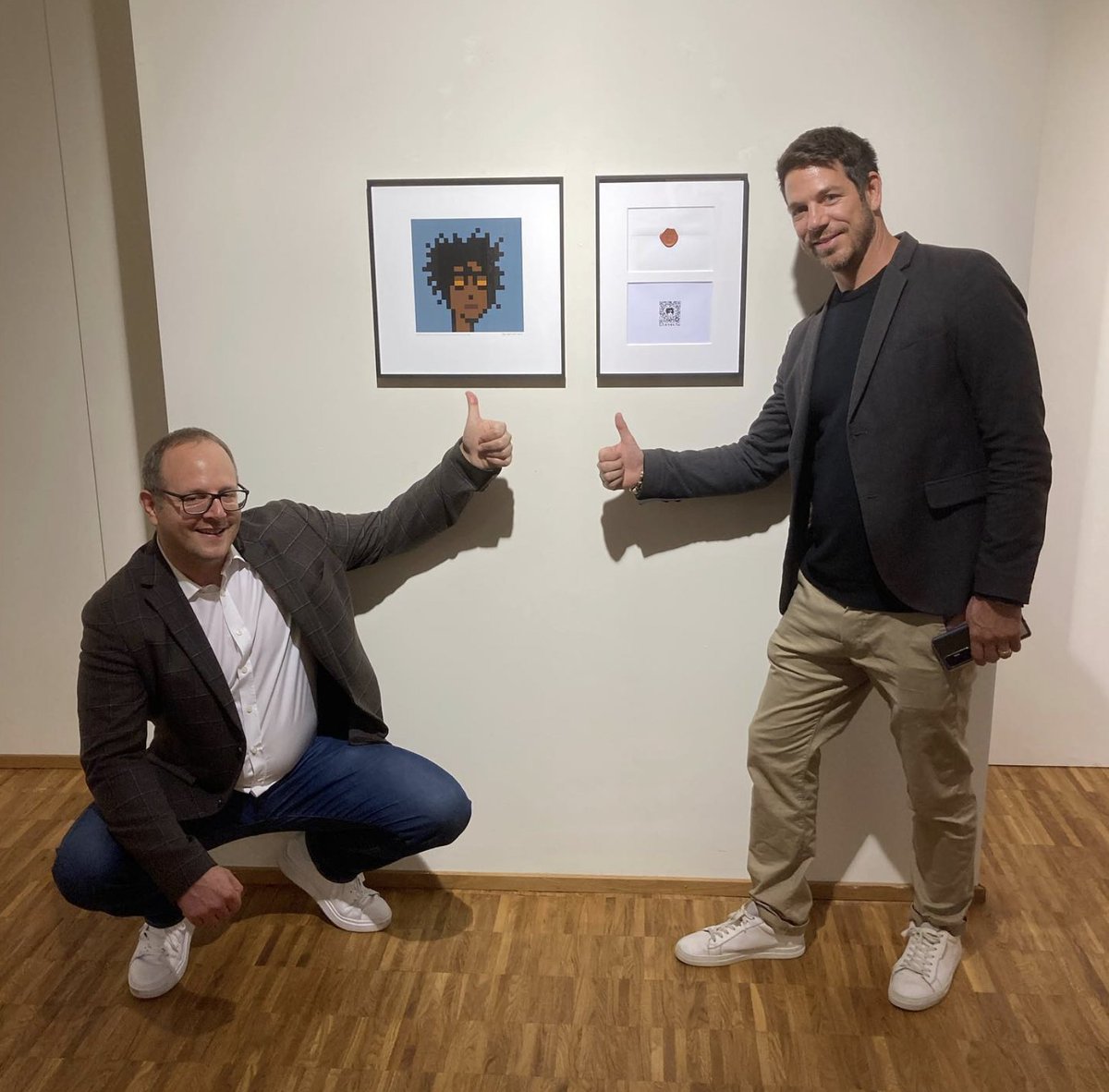elementumart's tweet photo. 👷🛠️ In order to build a better future, you have to study &amp; understand the past. 

One of our favourite moments: @elementumart's co-founder @1TheRider with curator of the legendary #CryptoPunks show "Perfect &amp; Priceless - Value Systems on the Blockchain" Georg Bak (@SNOWCASH432). https://t.co/BOtbpDbpBe