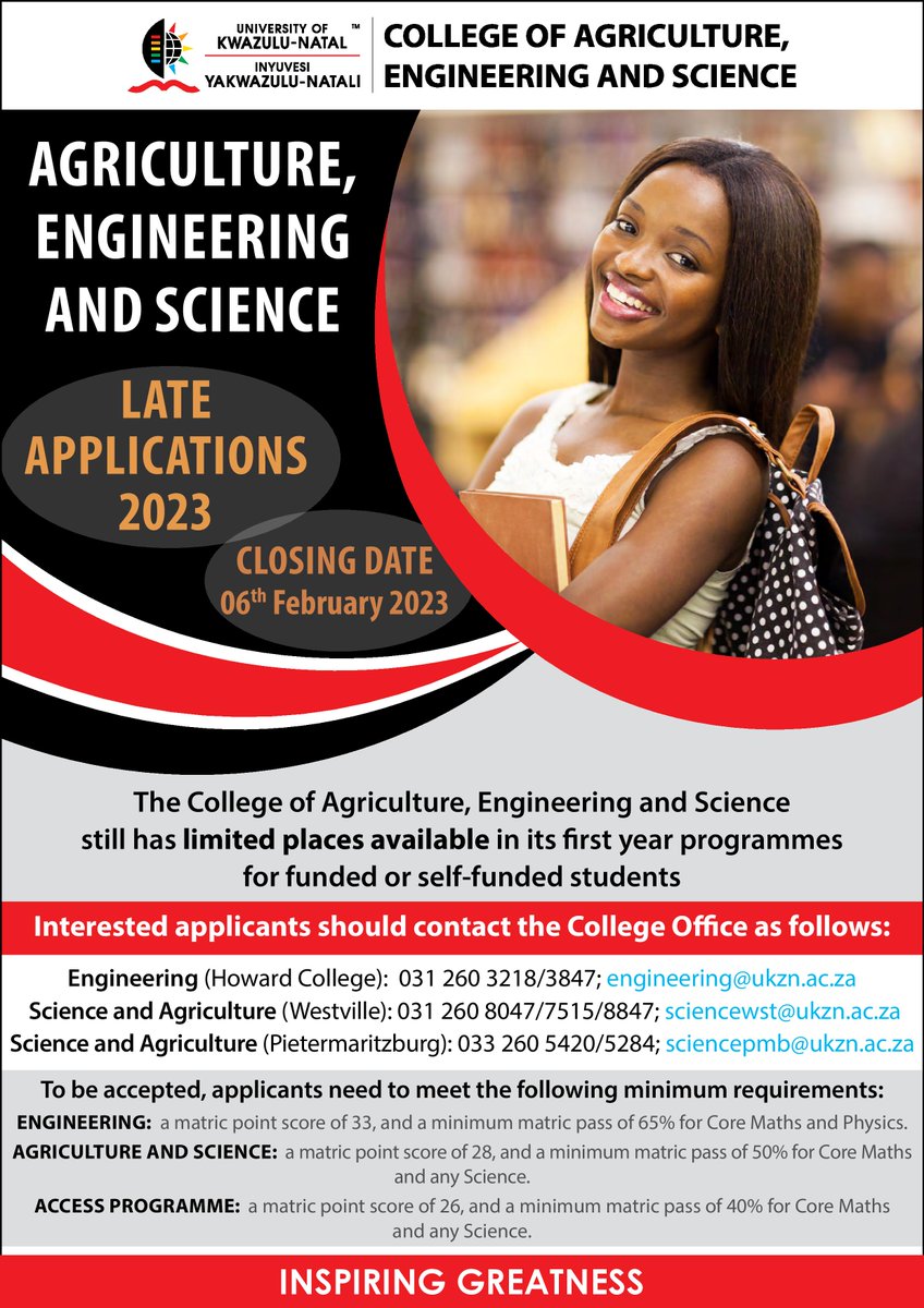 UKZN's tweet photo. Interested in studying agriculture, engineering or science but haven’t applied?  

Spaces still available at UKZN for suitably qualified applicants. https://t.co/5sUB4VKnfu