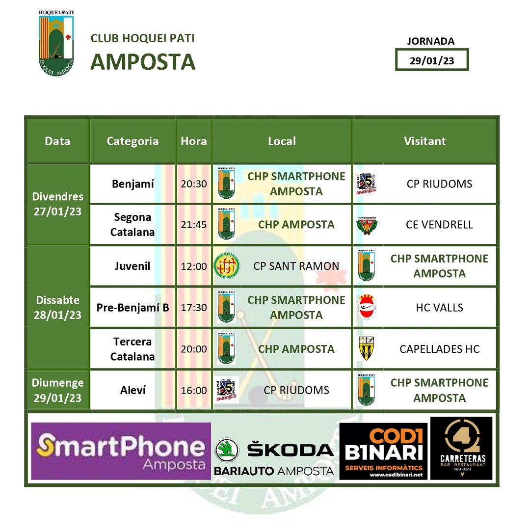 HoqueiAmposta's tweet photo. 📢 Una nova jornada #hoquei 🏑 per al cap de setmana !!
Comencem ja divendres 27 amb dos partits del 
#ChpAmposta 🟢⚫️
▪️Benjamí 🆚️ @CPRIUDOMS
▪️Sènior 2a Cat 🆚️ @okcevendrell 
Us esperem!! 
#AdnAmposta 💚🖤
#MittomAmposta
#ChpSmartphoneAmposta
@skodabariauto 
#codibinari https://t.co/kMdeuFbsIA