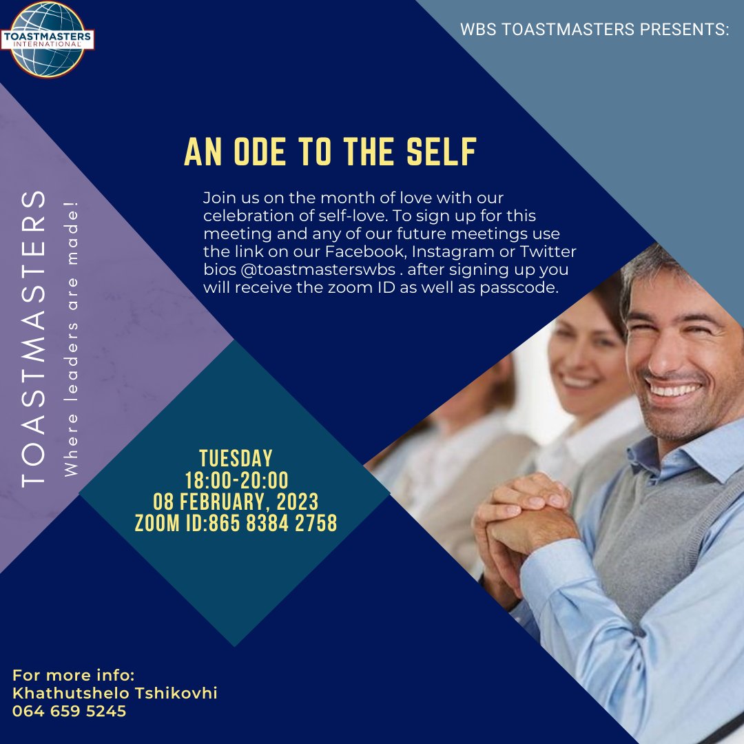 ToastmastersWBS's tweet photo. To sign up for this meeting, use the link on our bio. For more details, you may pop into our DMs or contact Khathutshelo Tshikovhi. https://t.co/eXhF2x8sLV