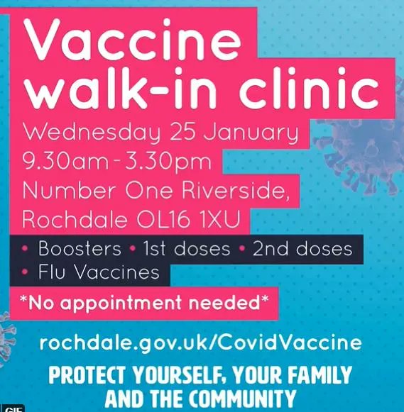 HMRLCO's tweet photo. 📢 #CovidVaccine and flu vaccine walk-in clinic TODAY (25 January) 9.30am-3.30pm, Number One Riverside, Rochdale.
✅ Boosters
✅ 1st and 2nd doses
✅ Flu vaccine
✅ No appointment needed
🕤 9.30am-3.30pm
https://t.co/Xka0RAV2oP https://t.co/UVpbyozhfU