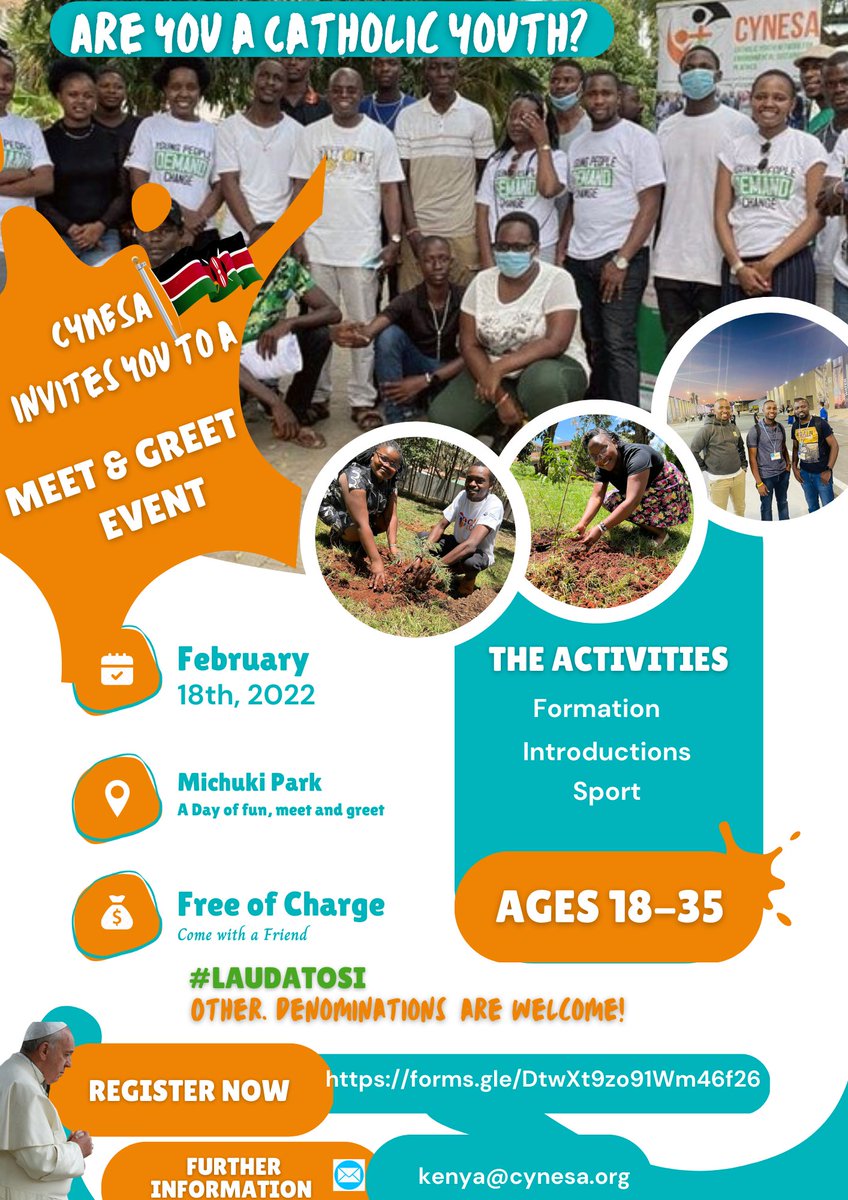 ⁉️Are you 🫵 a #Youth of Faith looking to engage in the Care for Our Common Home? @CYNESA is hosting a Meet-n-Greet Event for young people of Faith on #Saturday18thFebruary 2023.
RSVP via the Google Form Below.
forms.gle/DtwXt9zo91Wm46… Share widely amongst your friends and family