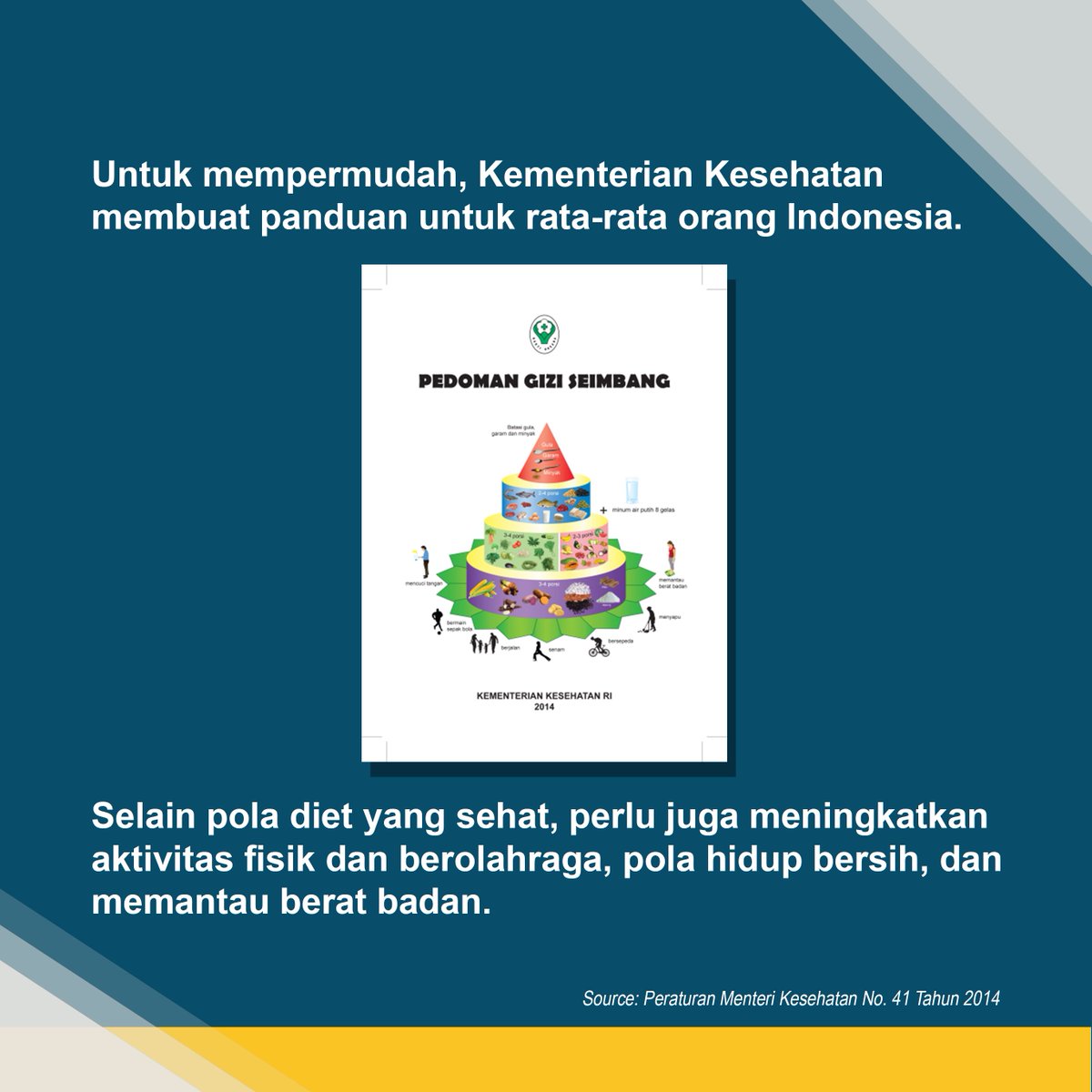 rsbpalangkaraya's tweet image. Cara Menerapkan Diet Sehat

Menjaga kesehatan diawali dari pola makan, maka perlu diperhatikan kwalitas dari asupan makanan kita sehari - hari.

Yuk, pahami bagaimana pola makan yang sehat untuk mencegah kita dari berbagai penyakit.

#tahukahkamu #informasikesehatan #dietsehat